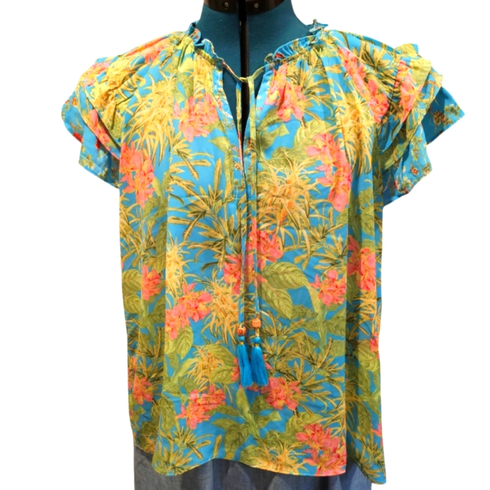 Rose+Olive Blue Pink Tropical Floral Print Top Ruffle Sleeve Xl Like New